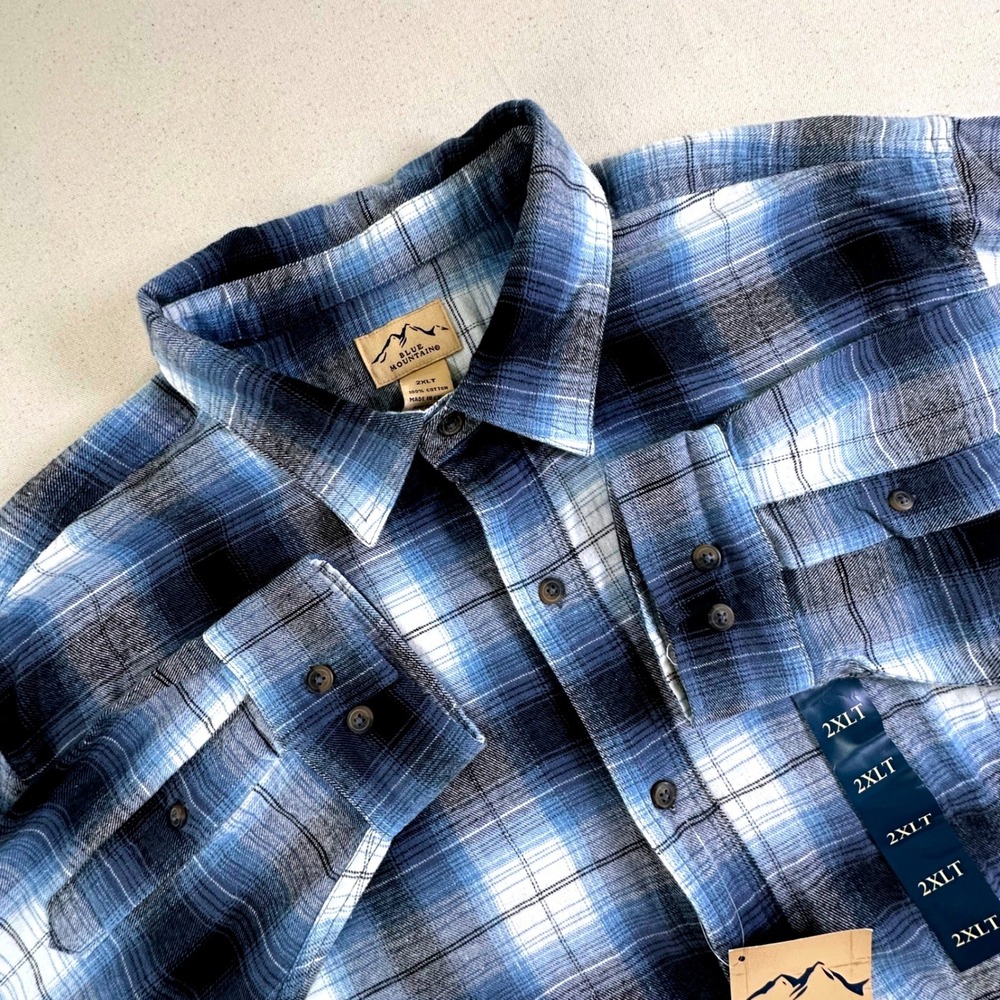 Blue Mountain Mens 2XLT Flannel Shirt Blue White Plaid Cotton Long Sleeve Tall